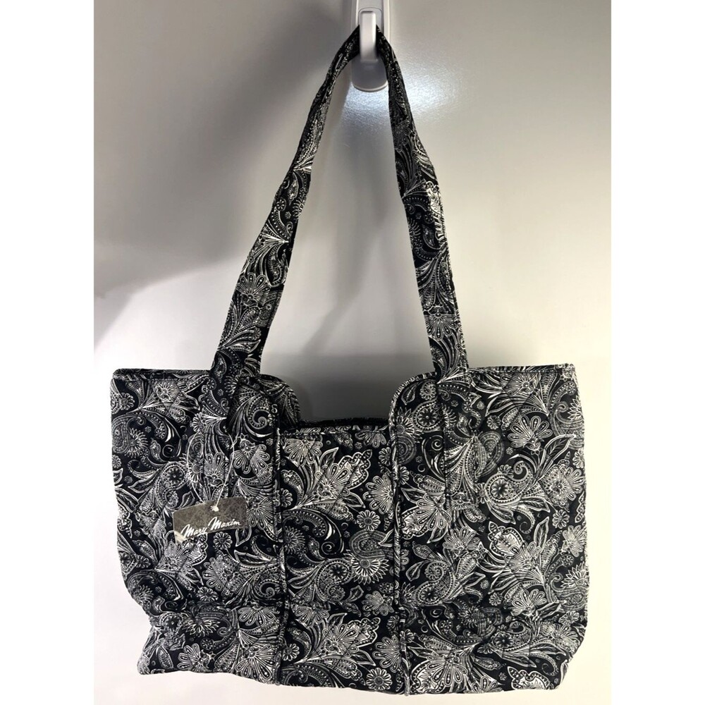 Mary Maxim Black/White Paisley Cotton Shoulder Bag Quilted Tote Zippered